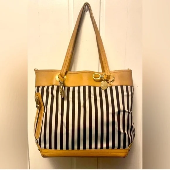 Henri Bendel Black and Tan Striped Tote includes dust bag and original receipt